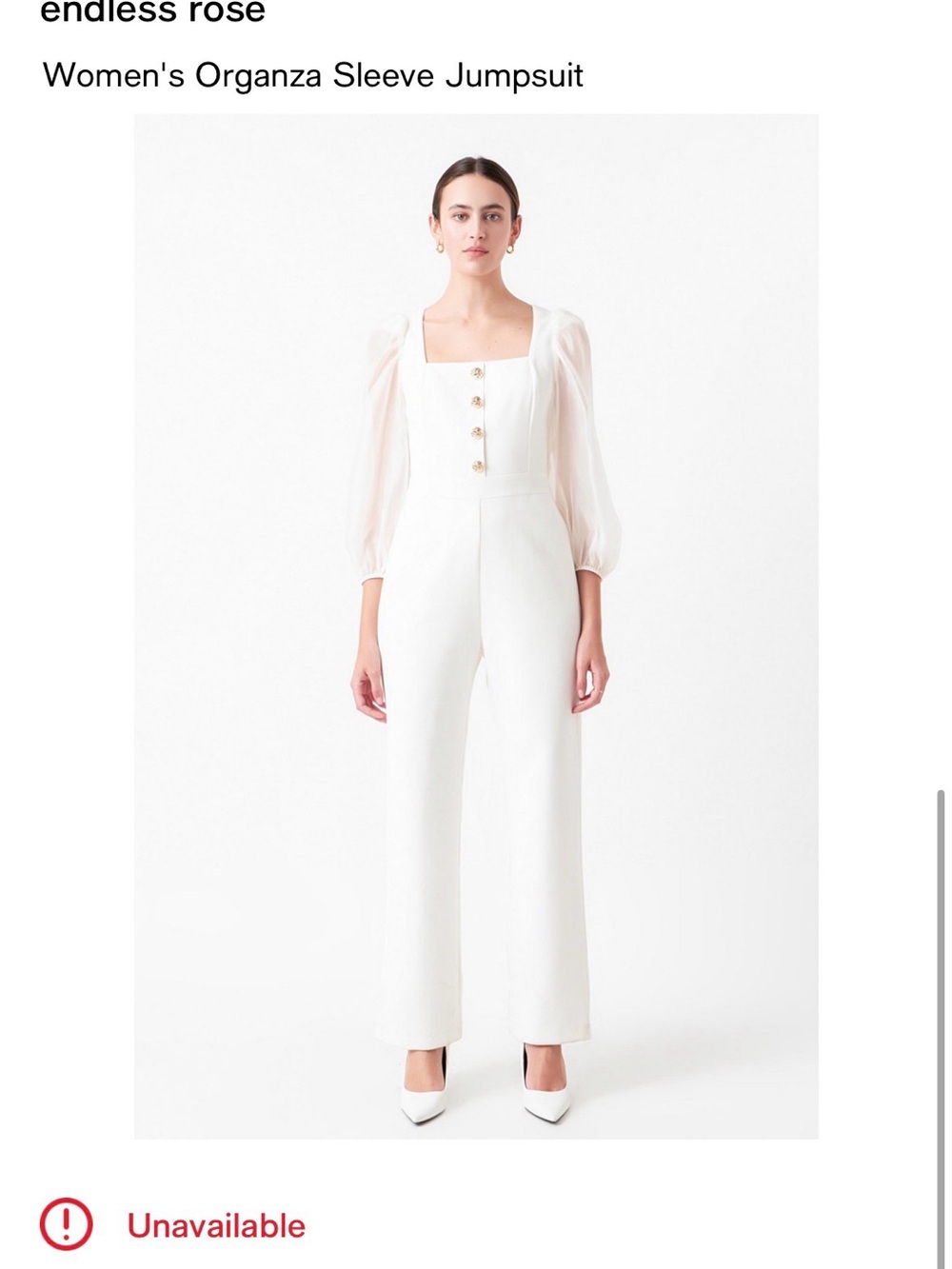 Endless Rose White Organza-Sleeve Square-Neck Jumpsuit